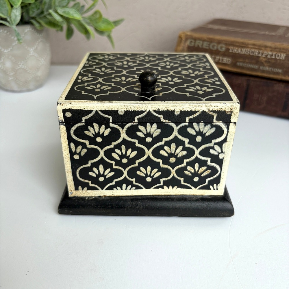 Global Bazaar Black Cream Hand Painted Wooden Moroccan Trellis Jewelry Box India